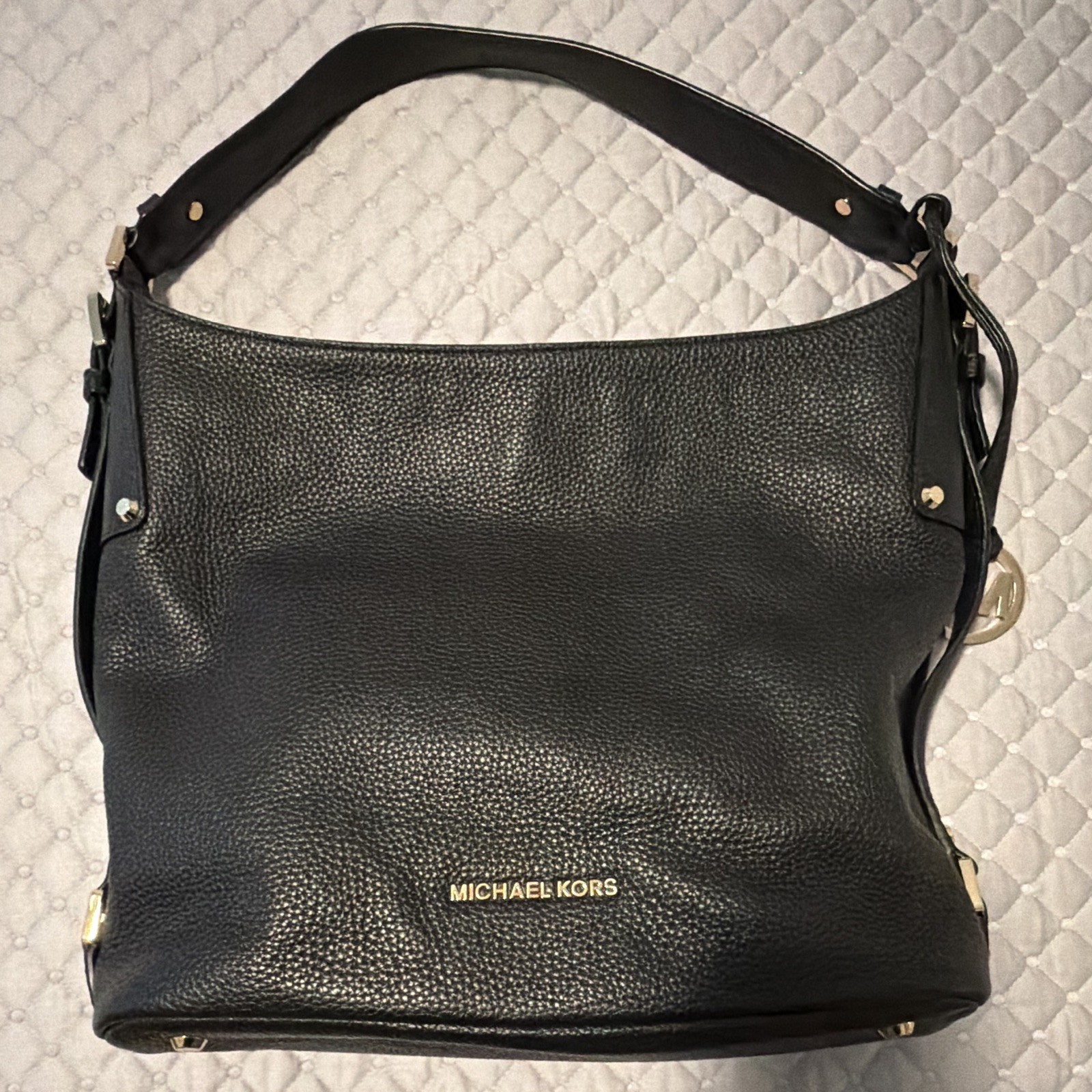 Michael Kors Medium Black Pebbled Shoulder Bag Gold Hardware Zip MK Charm
