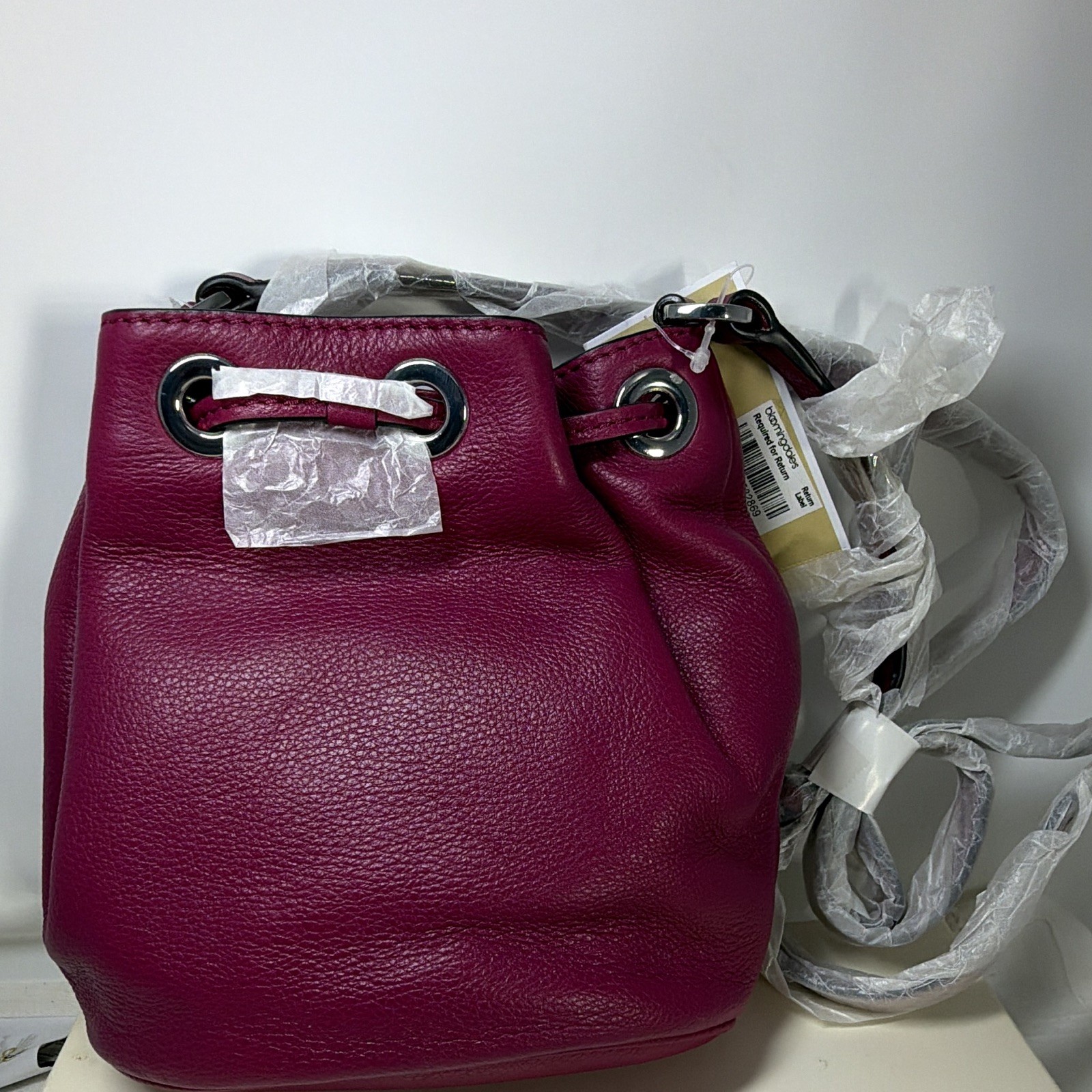 Michael Kors Deep Pink Logo Bucket Drawstring Crossbody Bag Silver Hardware