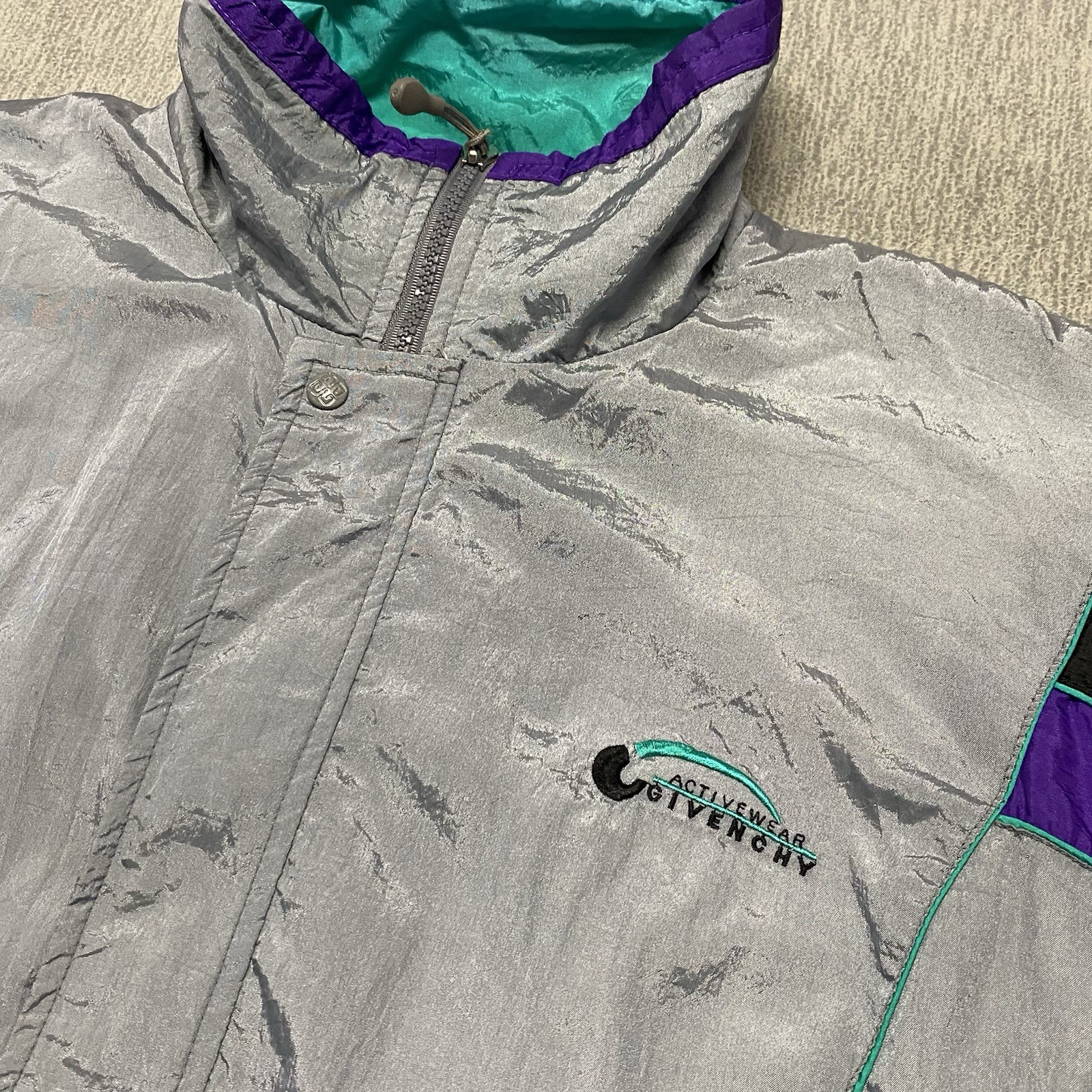 Vintage Givenchy Jacket Medium Gray Full Zip Track Windbreaker Activewear *FLAWS
