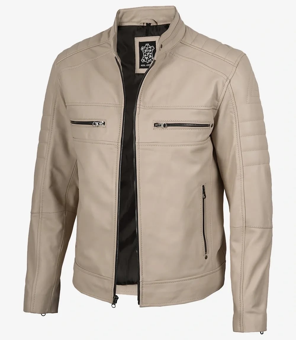 Mens Beige Real Leather Quilted Detail Biker Moto Jacket
