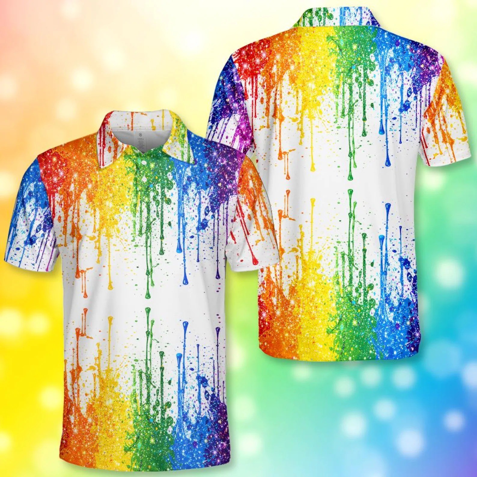 Rainbow Paint Drip Polo Shirt, Colorful Splatter Art Golf Shirt Button Up LGBT
