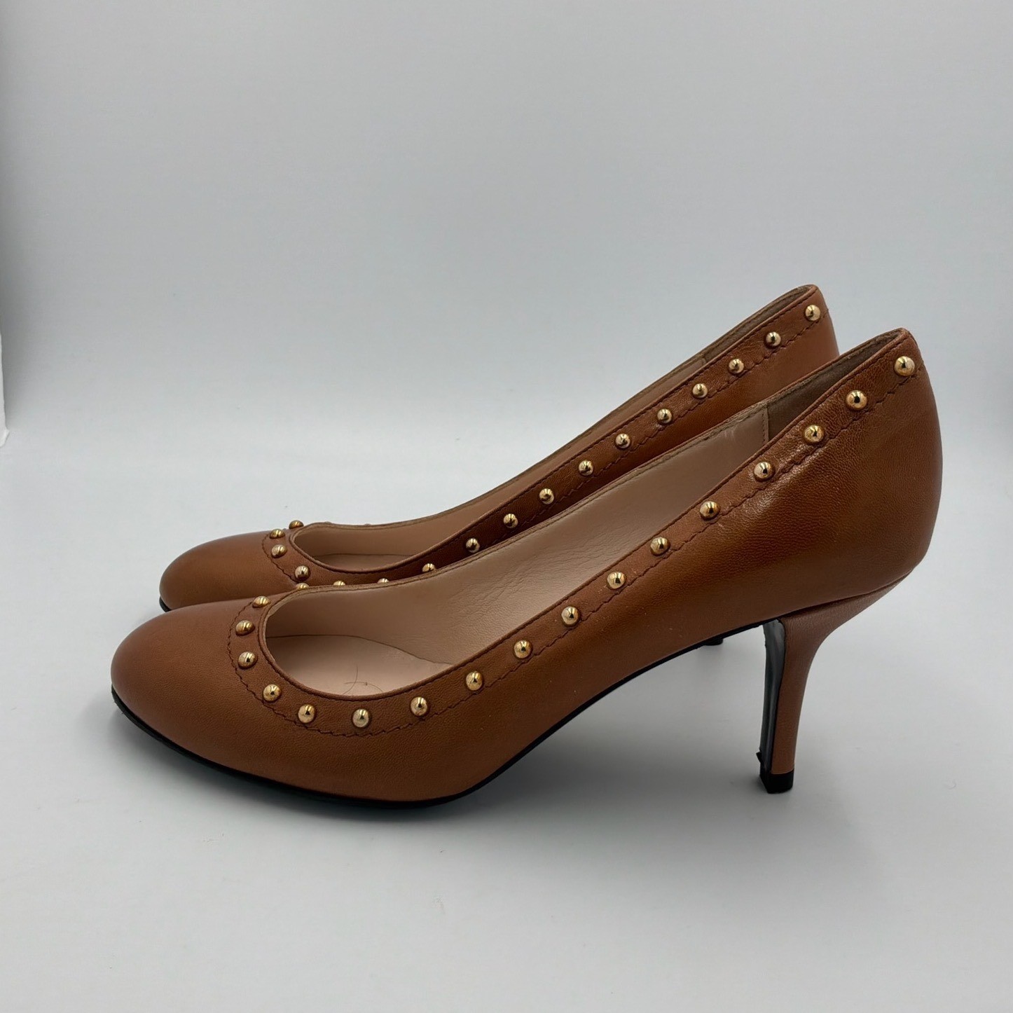 Claudia Ciuti Firenze Brown Leather Studded Round Toe Kitten Heel Pumps Italy