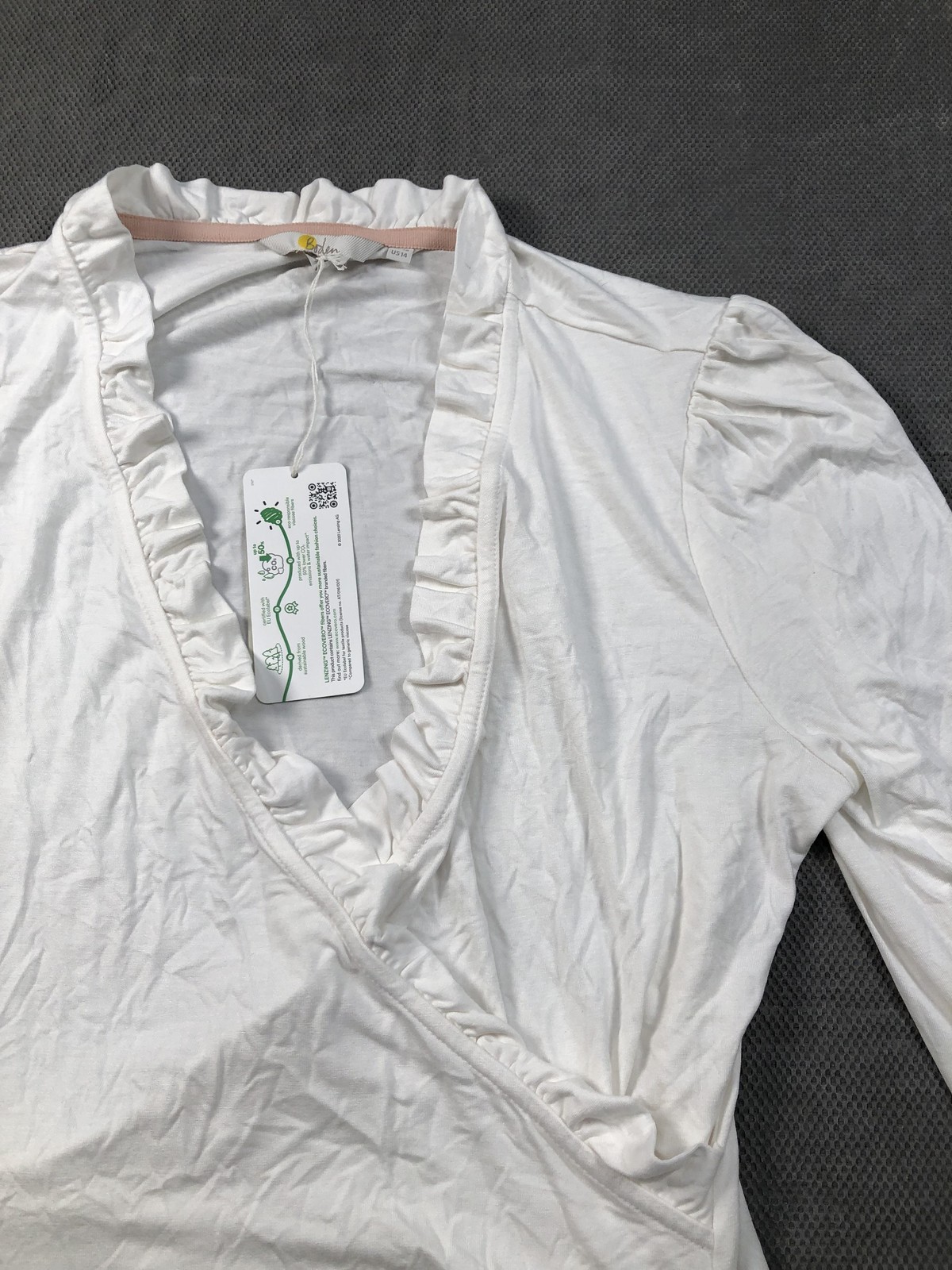Boden Blouse Womens 14 White V Neck Long Puff Sleeve Ruffle Jersey Top NWT