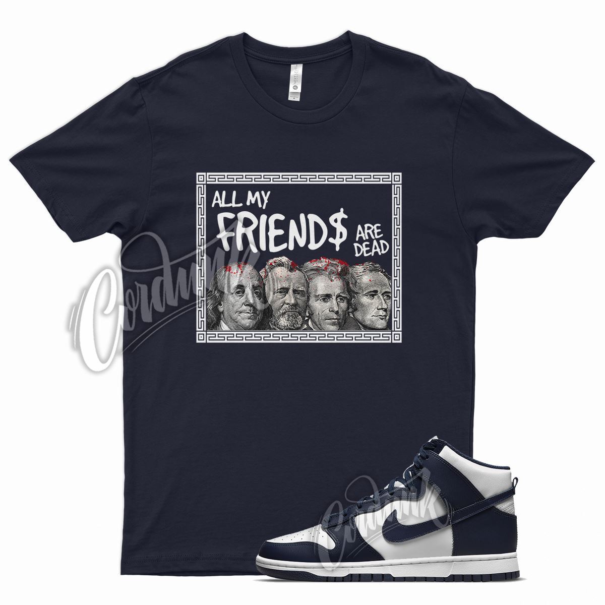Navy FRIENDS T Shirt for N Dunk High Midnight Navy Dark Blue White Obsidian