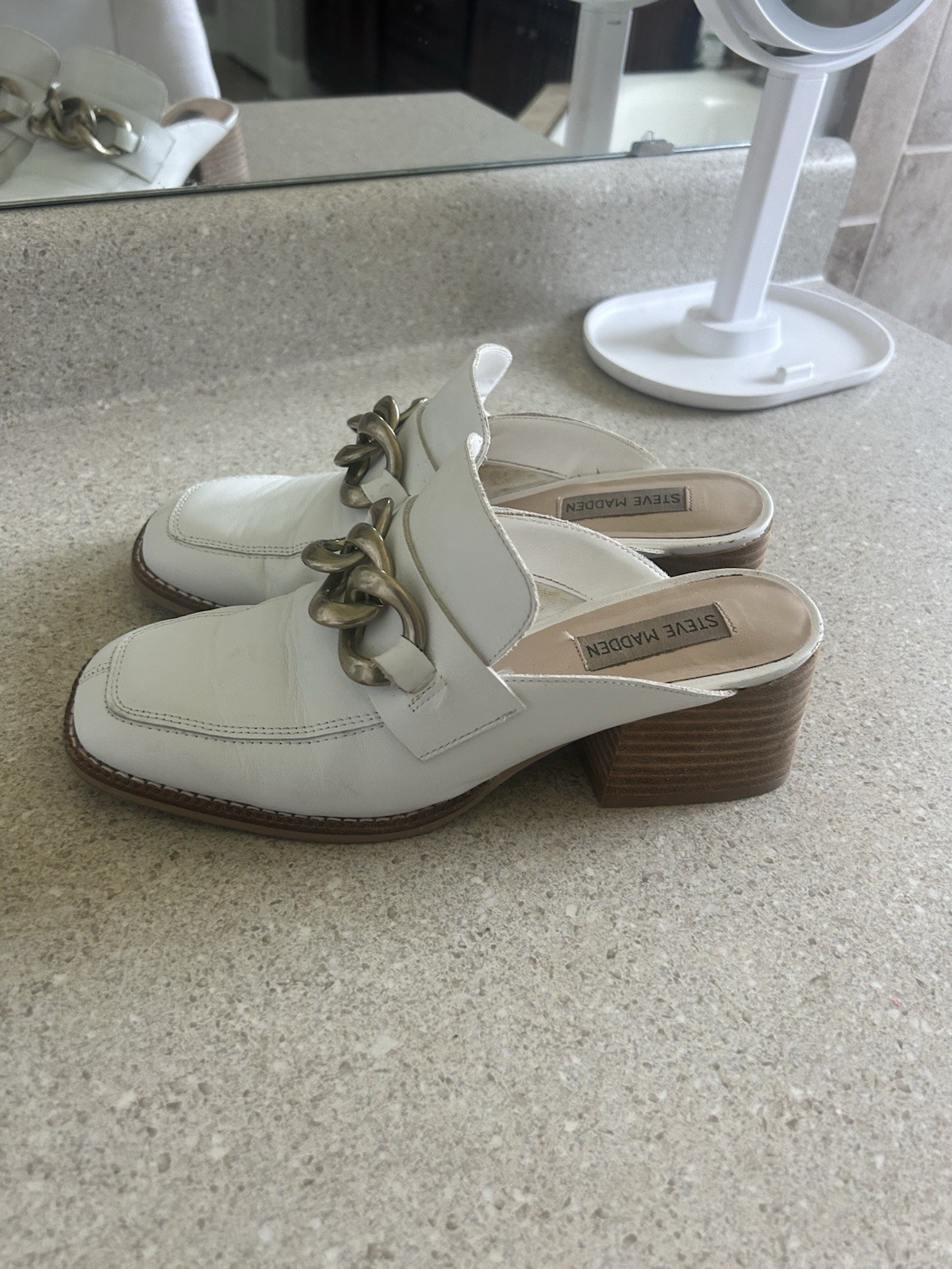 Steve Madden Women’s White Leather Slip-On Mule Chain Accent Block Heel 8.5