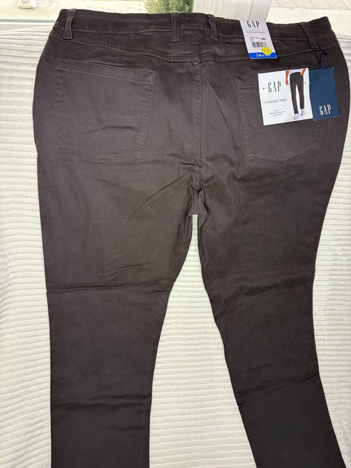 GAP Mens Slim Fit 5 Pocket Pants 38×30 Brown Stretch Twill Chino Casual Trouser
