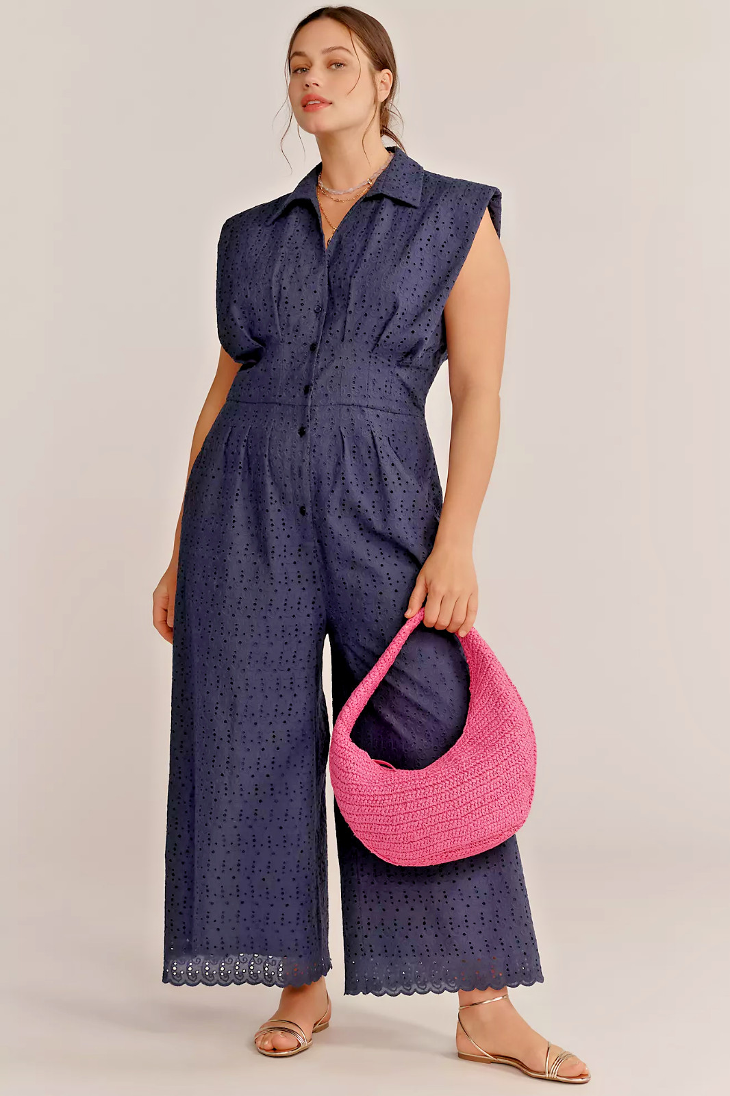 ANTHROPOLOGIE EXQUISE FIONA TOBIE EYELET WIDELEG ROMPER JUMPSUIT NAVY PETITE XLP