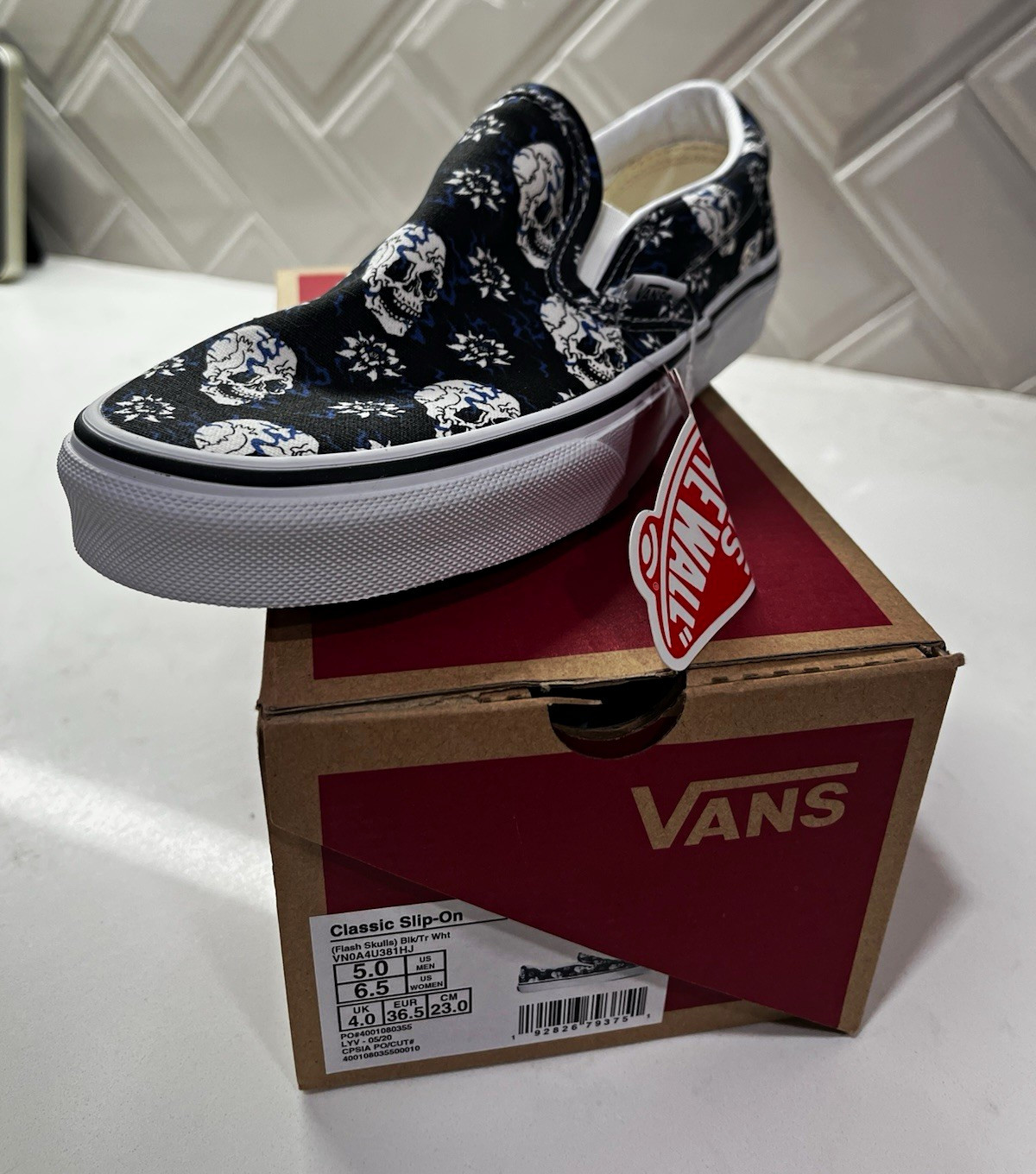 VANS Classic Slip-On Skull Print Canvas Slip-On Shoes Black/White/Blue 6.5