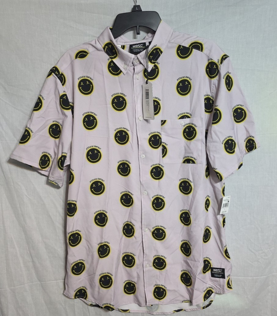 Wesc Mens All Over Print Button Up Smiley Shirt New Large Mens XL Womens
