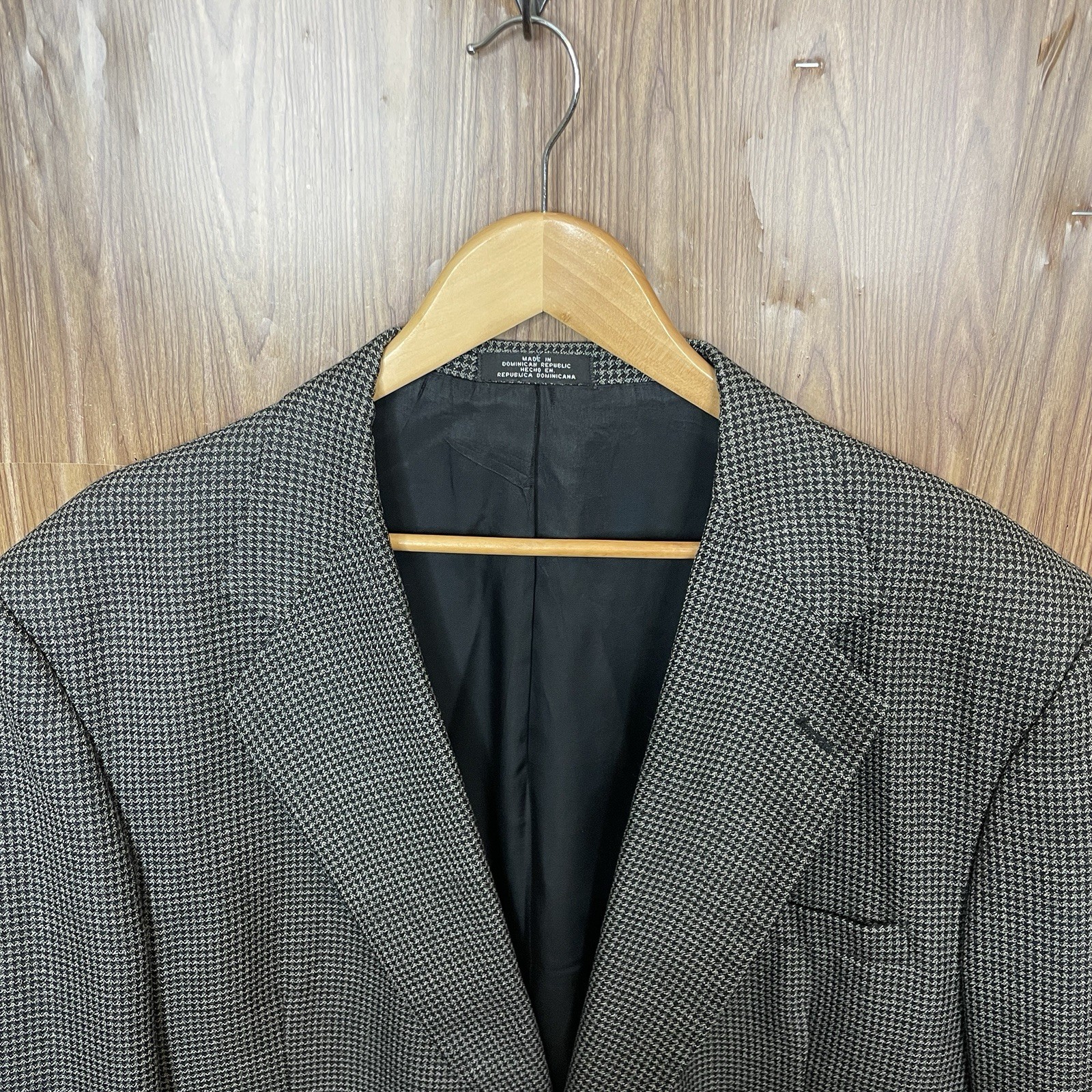 Stafford Sport Coat Mens 46L Brown Black Houndstooth Polyester Worsted Wool