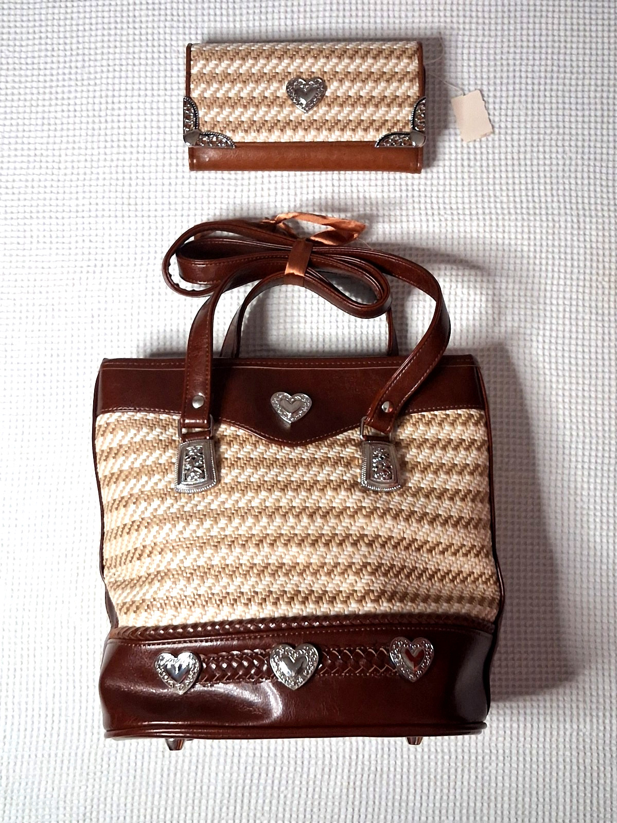 MINT Vintage Texas Leather Woven Straw Shoulder Bag 3PC Wallet Removable Insert