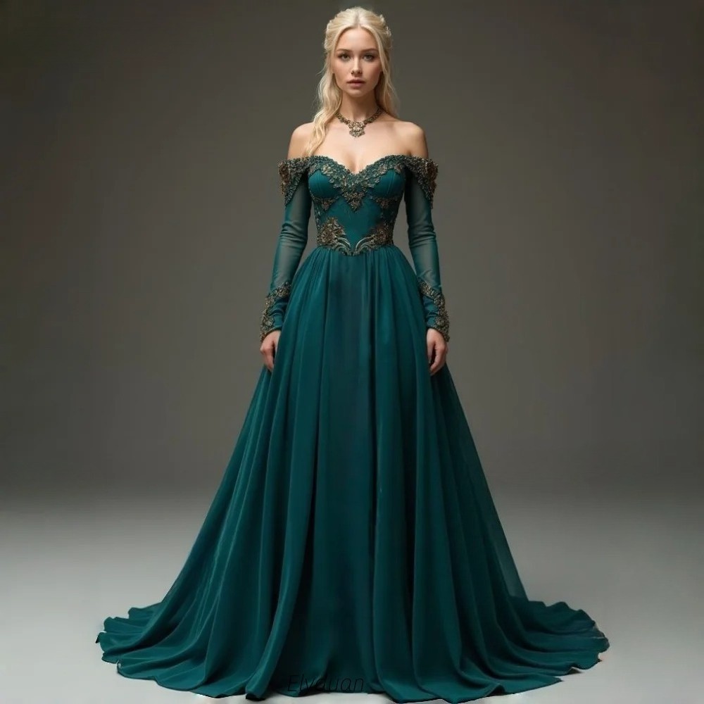 Teal Off-Shoulder Long Sleeve Lace Chiffon Ball Gown Evening Dresses With Train
