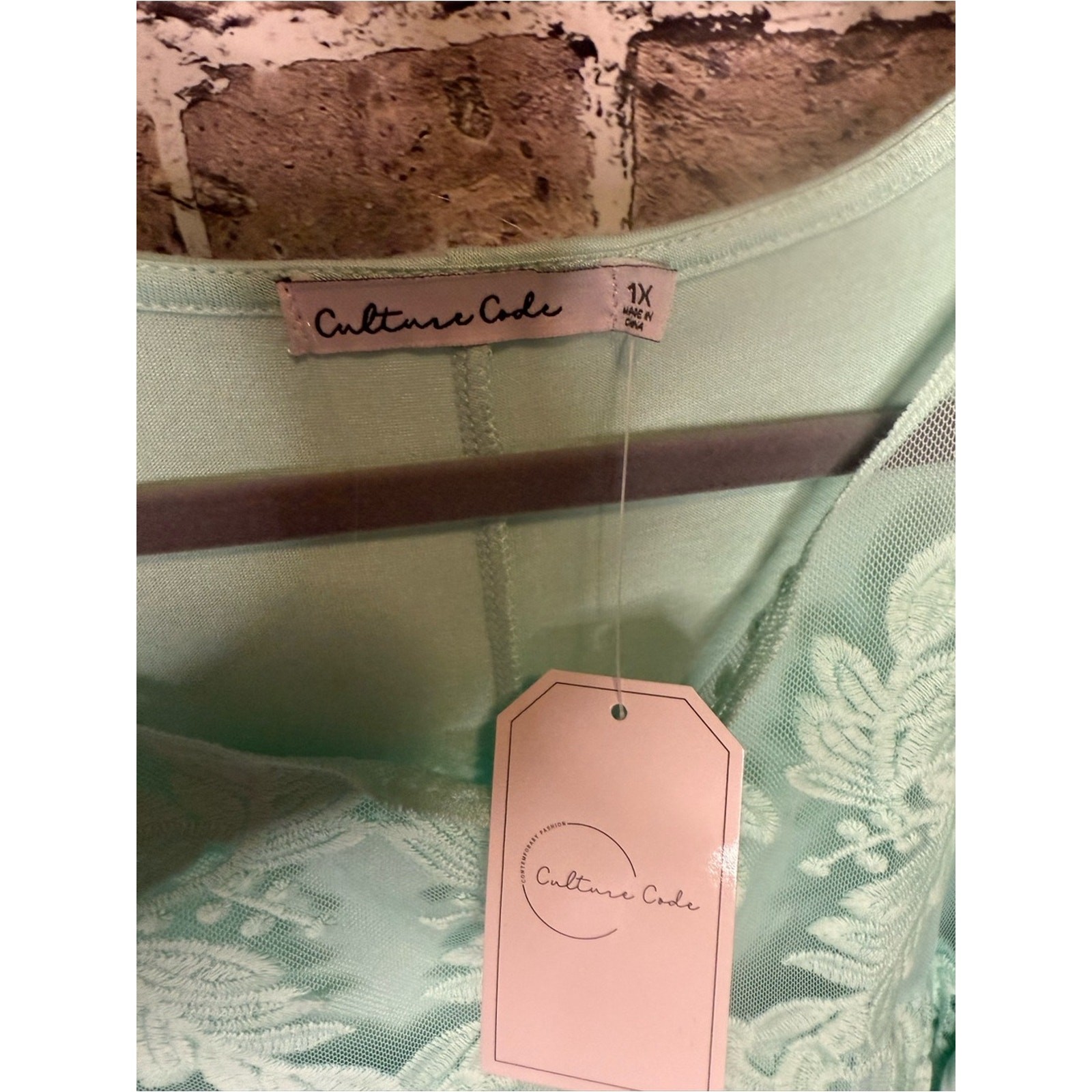 Culture Code Mint Green Lace Yoke Top