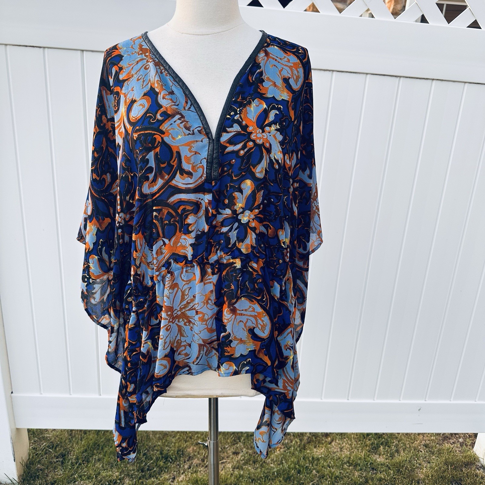 Y2K Alberto Makali Caftan Tunic Top L Oversized Boho Resort Blue Gold