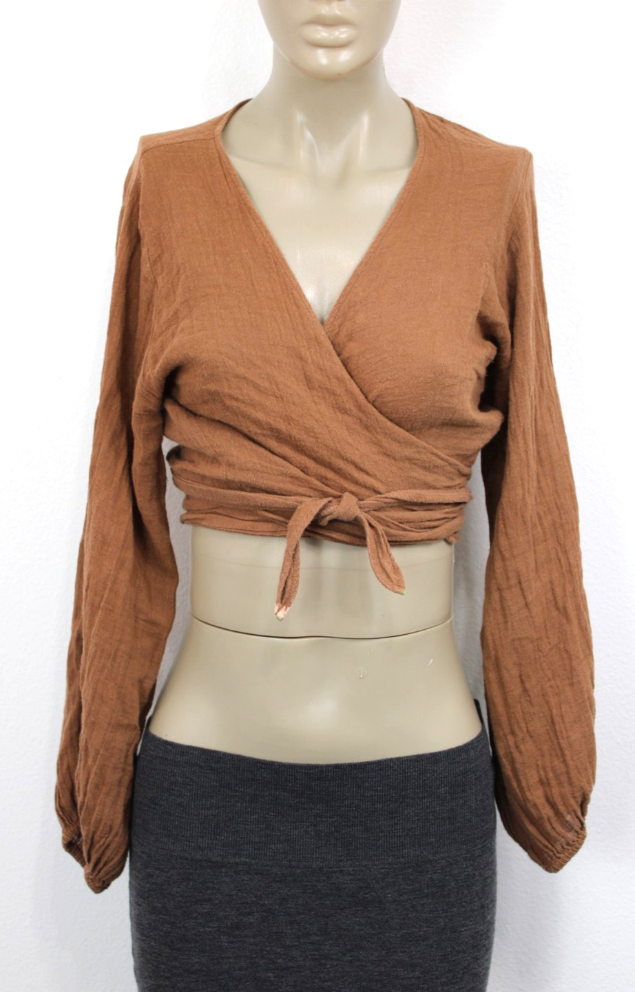 STUDIO K Balloon Sleeve 100% Ramie Wrap Top Balloon Sleeve Brown M/L