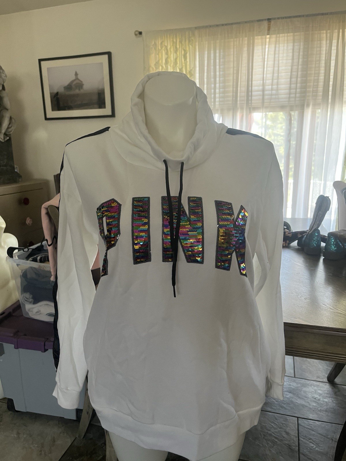 VictoriaSecret PINK L Campus Bling Sequins Glitter Rainbow Cowl Neck Hoodie 💜