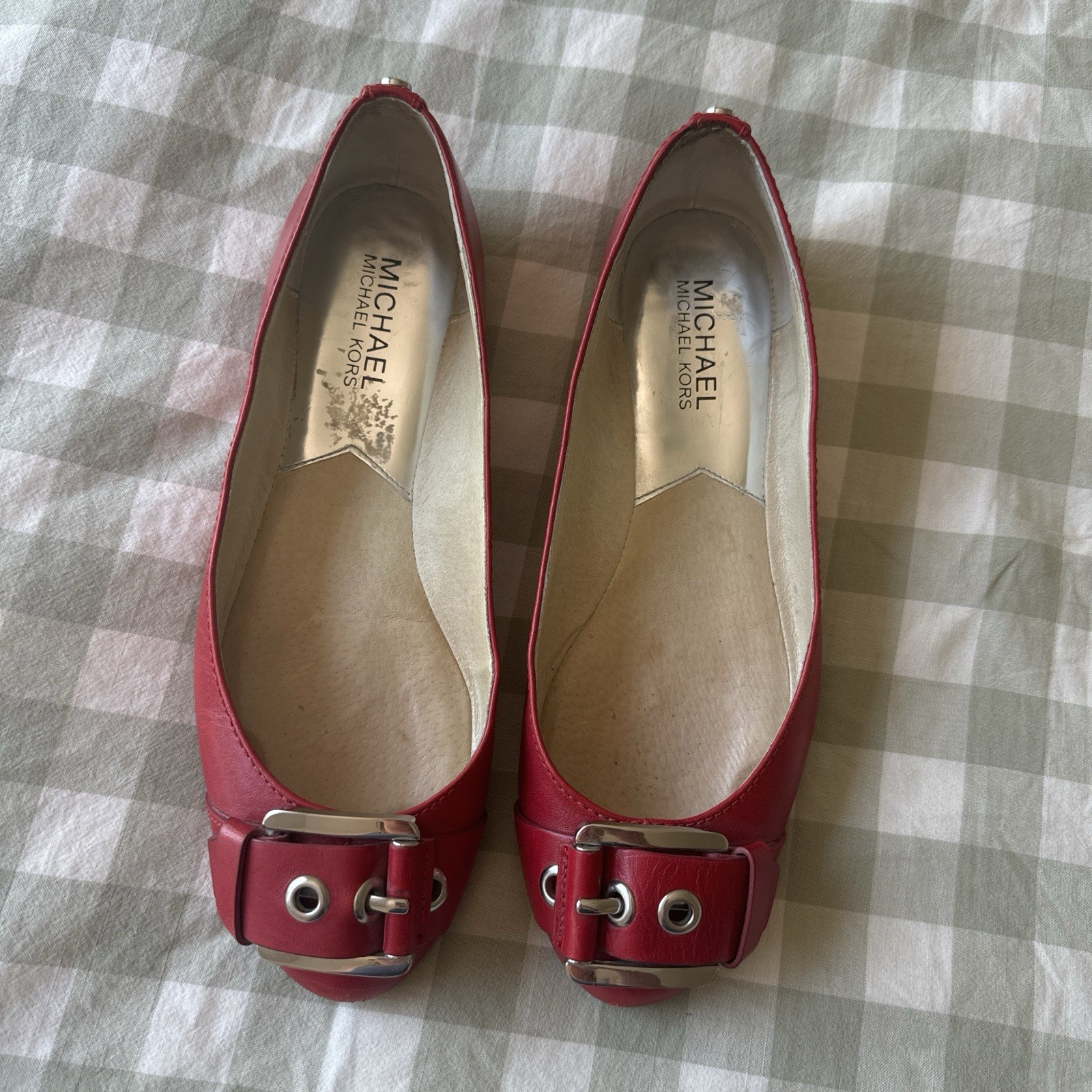 Michael Kors Red Leather Ballet Flats Slip On Buckle Logo Accents Women 7