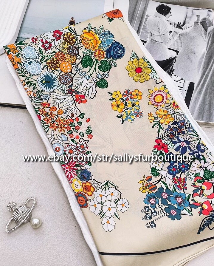 Sally 14~18 Momme Twill Silk Wrap Scarf Bandanna Vintage Flowers Print Shawl 35″
