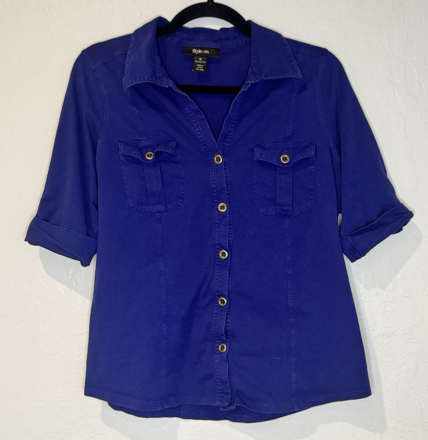 Style & Co. Women’s M Blue Solid Woven Cotton Collared Short Sleeve Button-Up