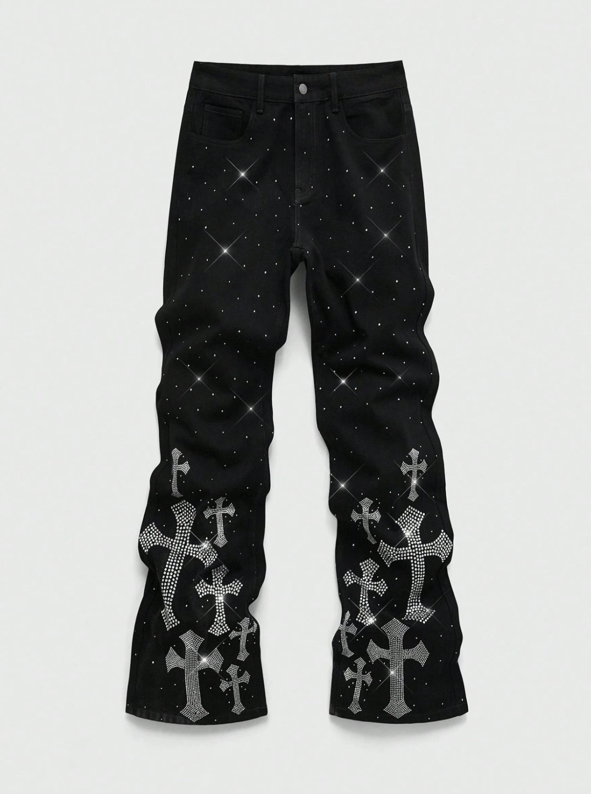 Men’s Y2K Rhinestone Cross Jeans Gothic Flare Denim Pants Streetwear Black