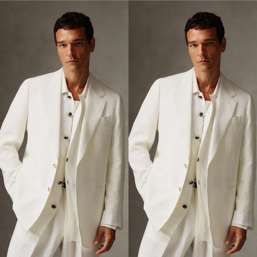 White Linen Cotton Men’s Suits Summer Casual Leisure Party Men Blazers 2 Pcs
