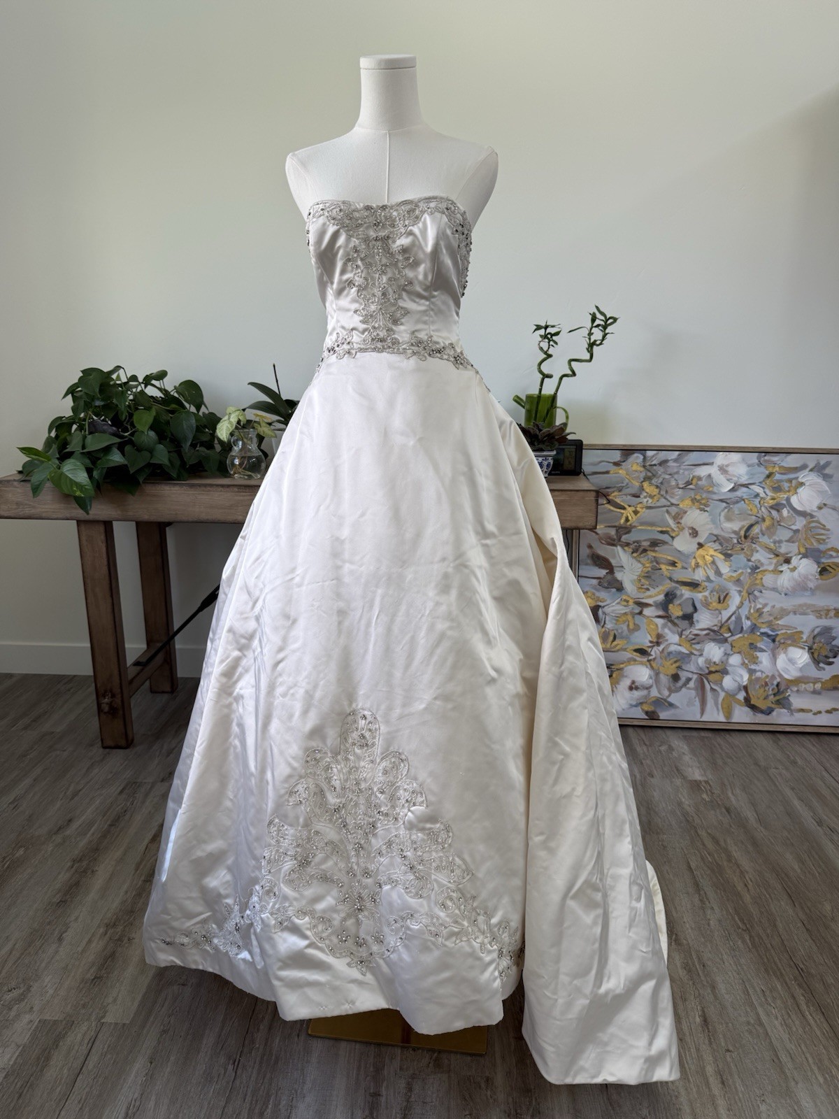 Kenneth Pool Strapless Beaded Satin Ball Gown Wedding Dress Corset Back Train