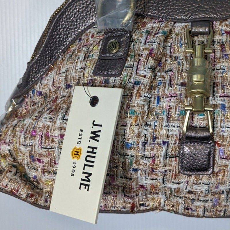 JW Hulme Maureen Satchel Bag Tweed & Leather Dome Top Handle Pewter Accents NWT