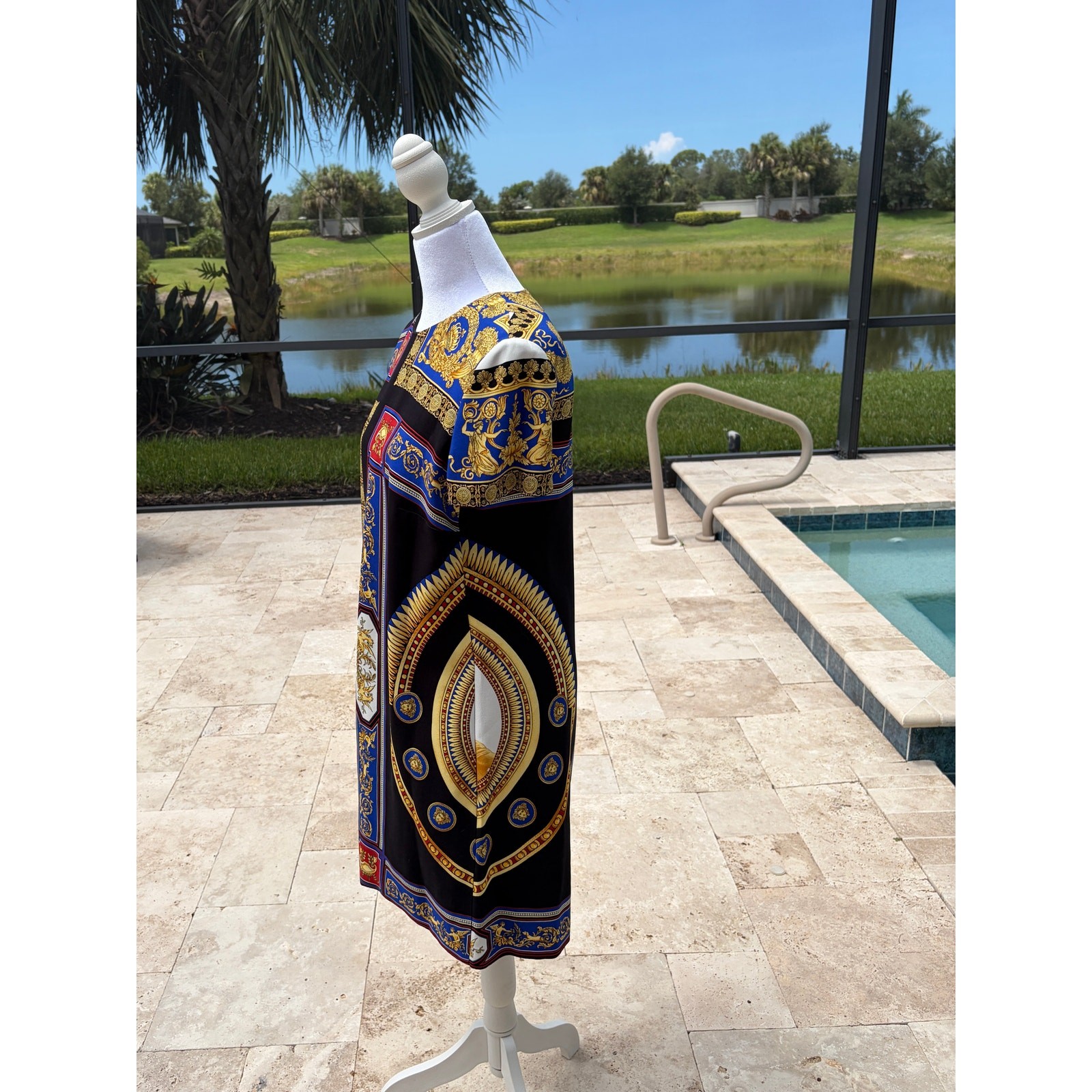 Versace Jeans Couture Blue Gold Black Baroque Print Shift Mini Dress IT 46