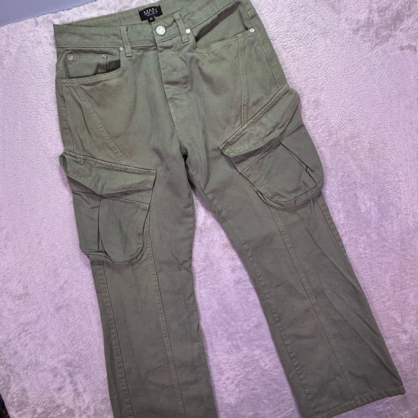 boohooMAN Mens Cargo Pants 32 Olive Green Cotton Utility Streetwear Button Fly