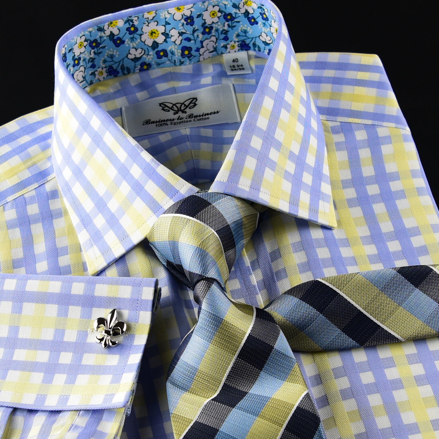 Mens Blue & Yellow Check Formal Business Dress Shirt Italian Floral Daisy Inner