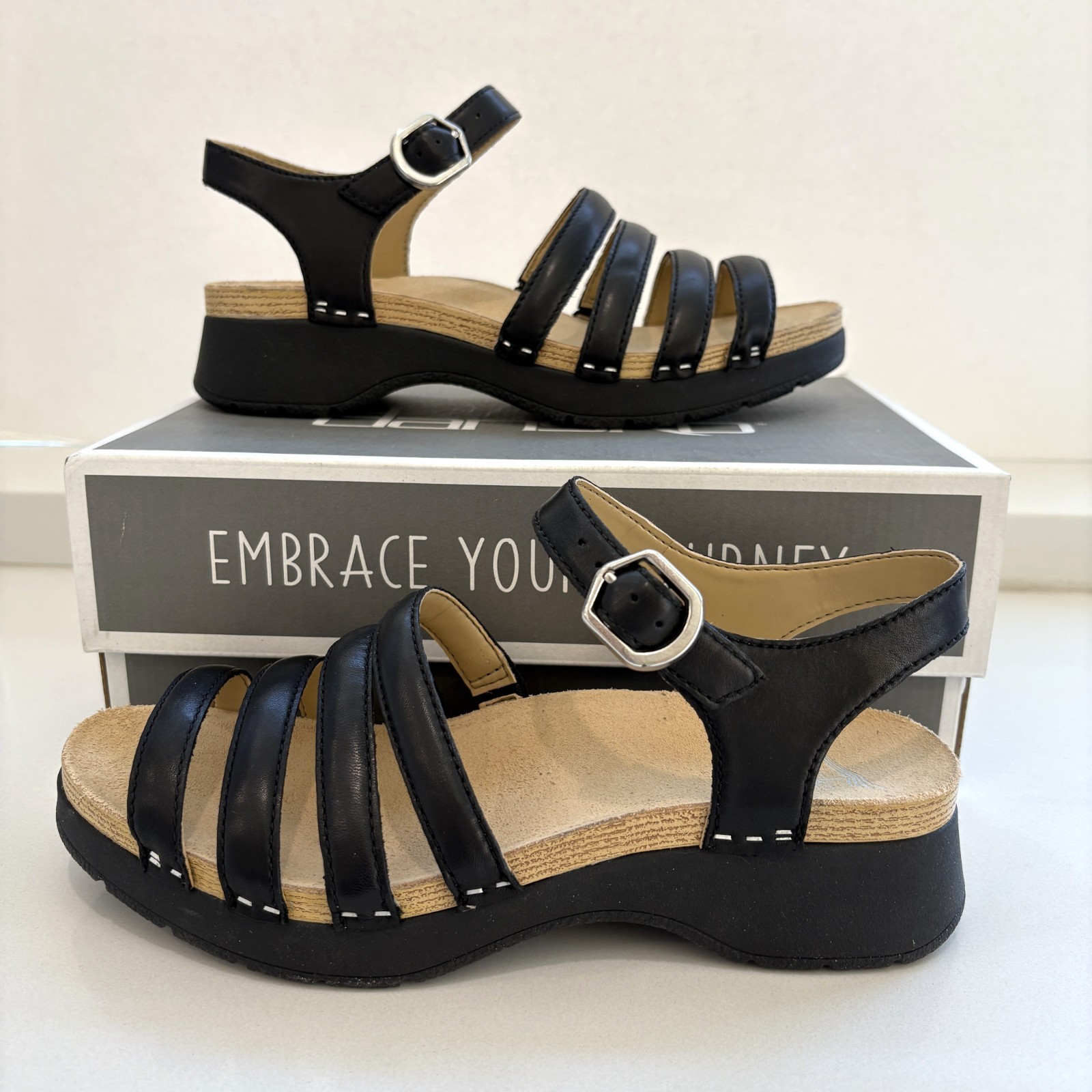 Dansko Roxie Sandals Nappa Leather Strappy Black Size 37 US 7 NEW