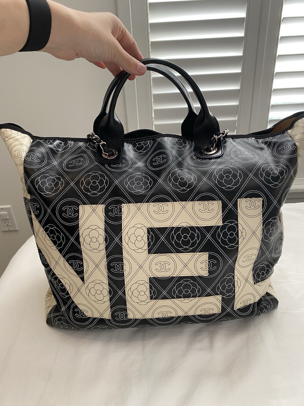 CHANEL Large Deauville Camellia Shopping Coated Canvas Tote Bag Black Beige✨