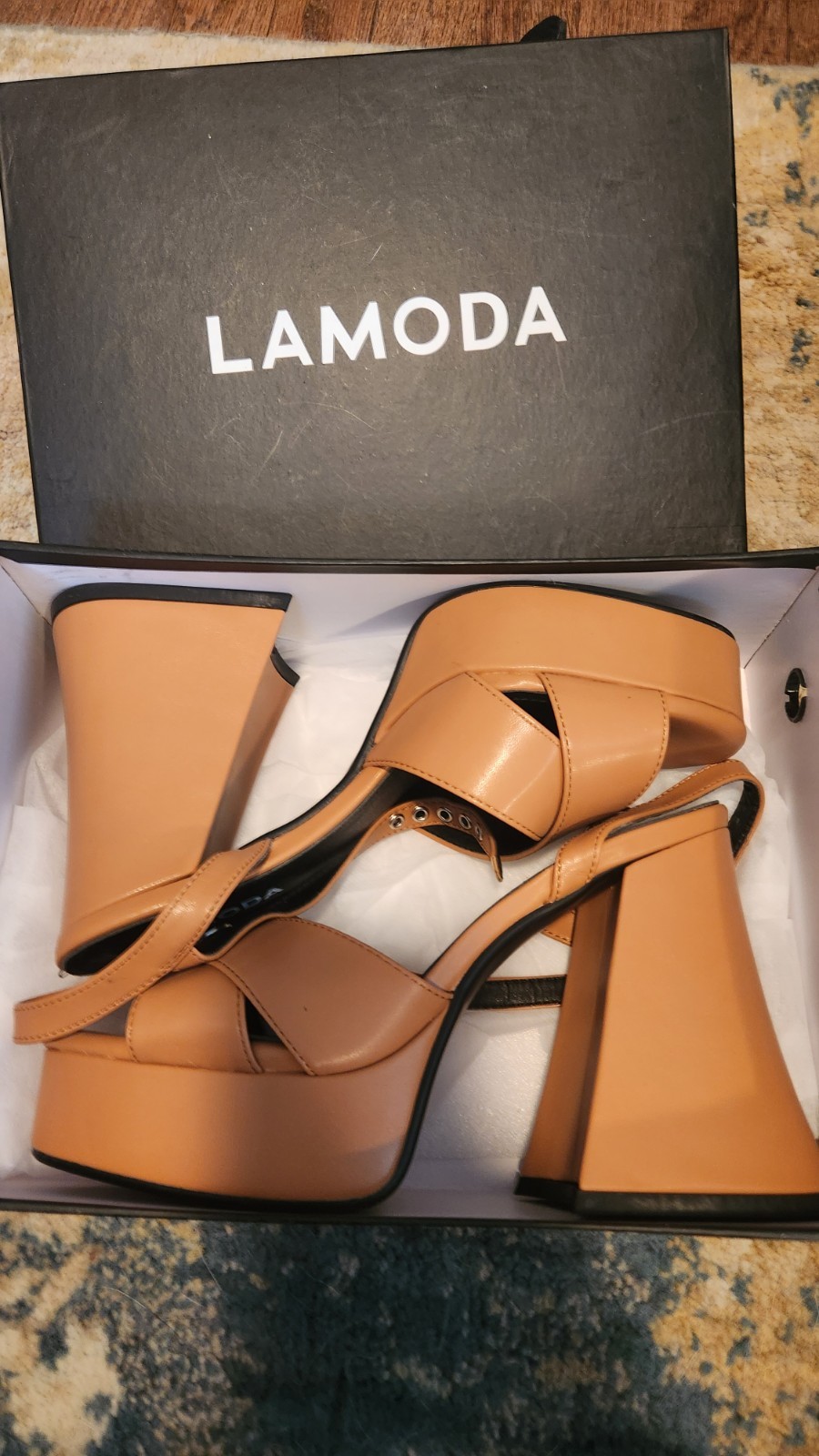 Lamoda flared heel platform sandal in Camel