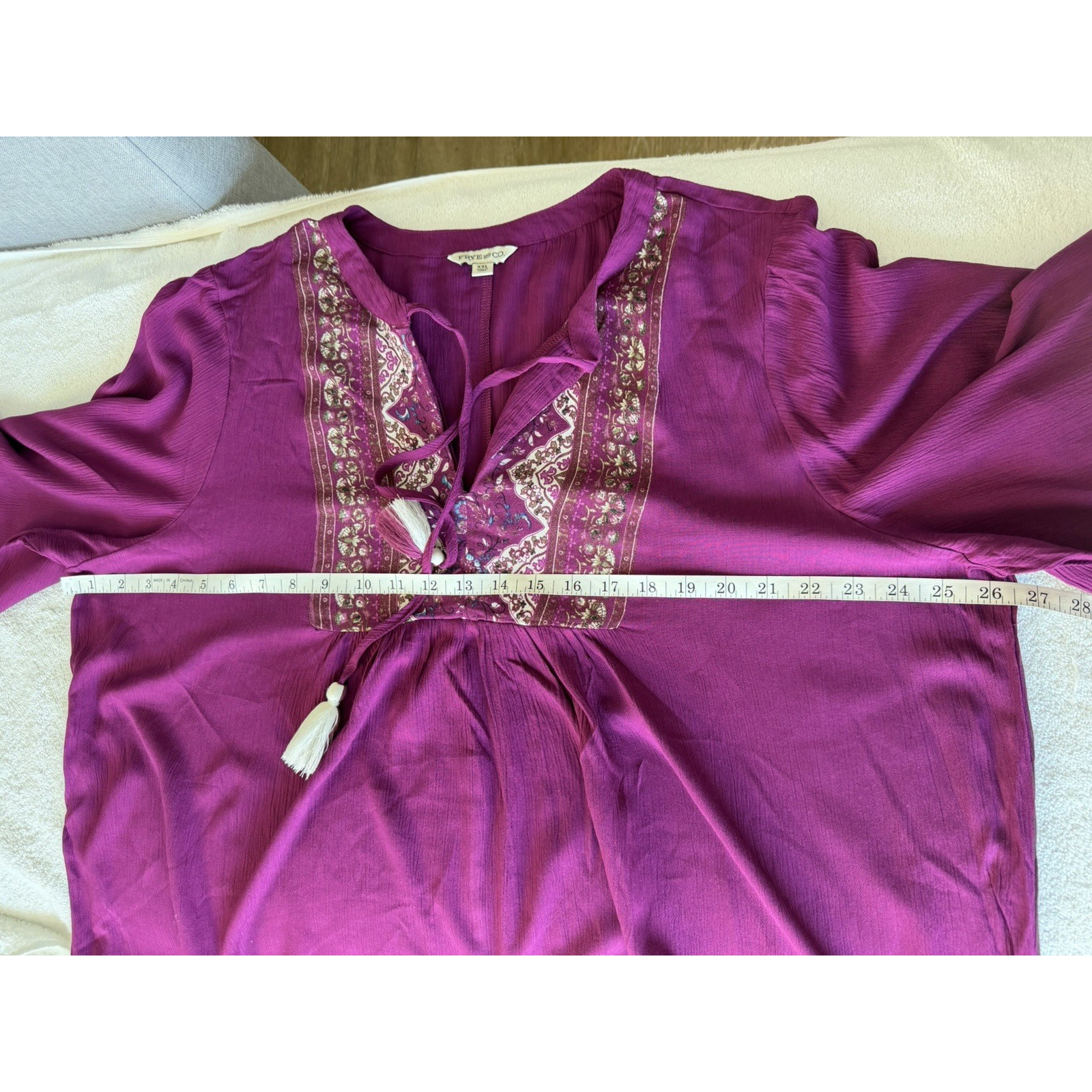 Frye And Co Top 3/4 Bell Sleeve Split Tie Neck Yoke Detail Burgundy Boho Sz-XXL