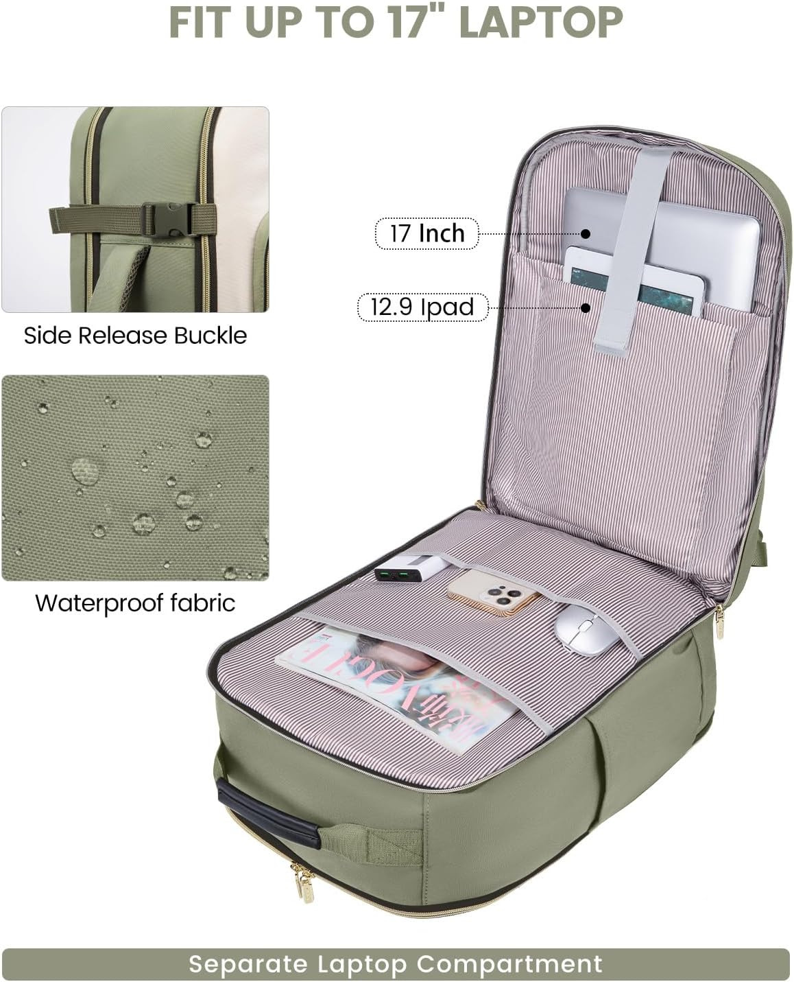 40L Travel Backpack for Women & Men, Airline Approved Carry on Luggage with 3 Pa