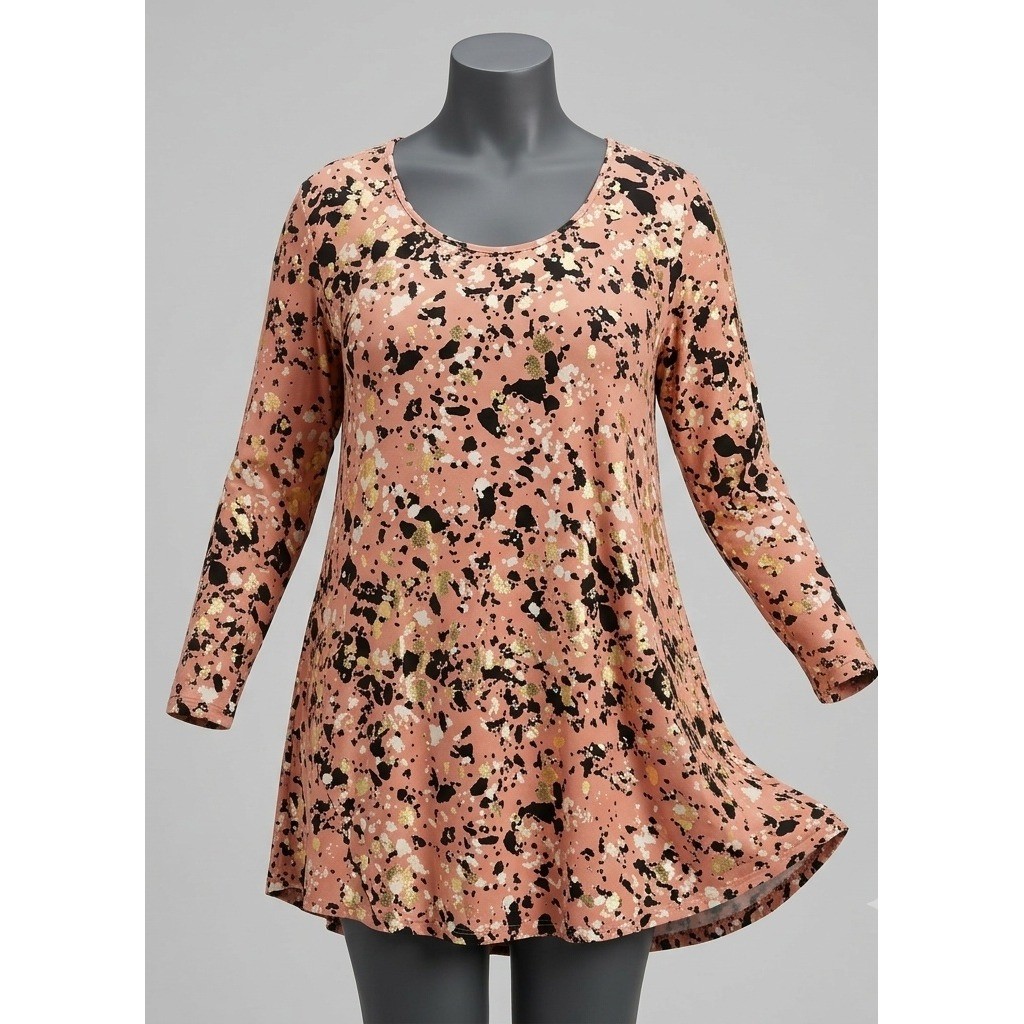 Avenue Plus Size Coral Gold Foil Speckled Print Tunic Top Long Sleeve Boho 26/28