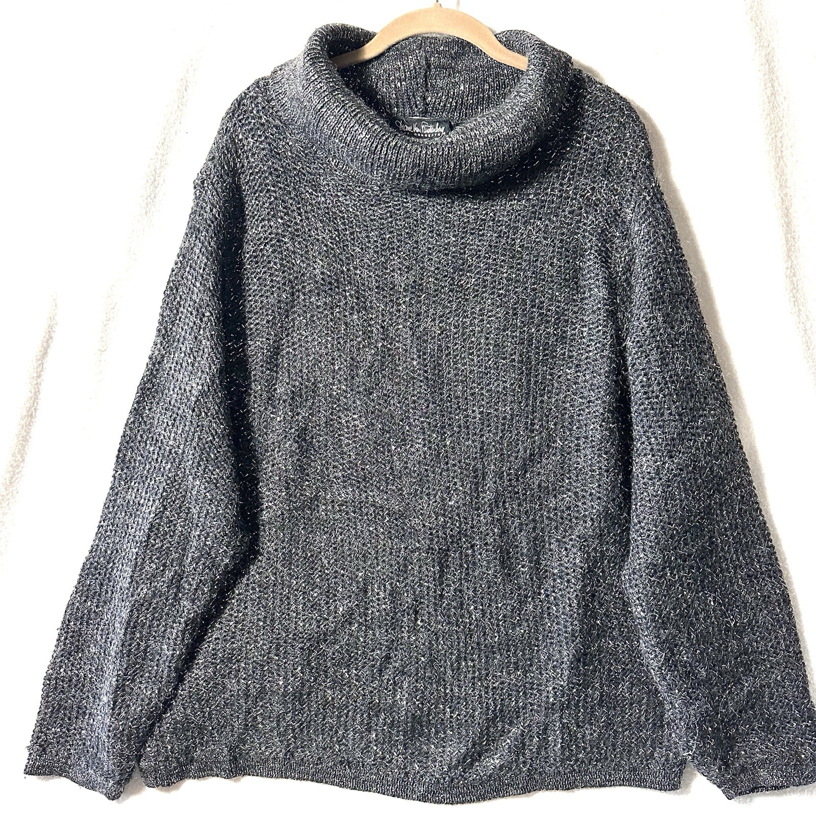 Diane Von Furstenberg 1X Sweater Metallic Mohair Crowl Black Silver Vintage