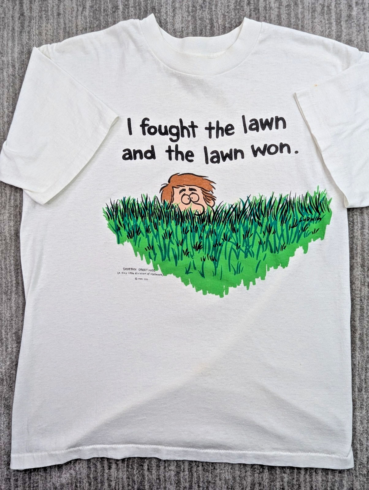 Vintage I Fought The Lawn And The Lawn Won Funny T Shirt Medium White Single Sti