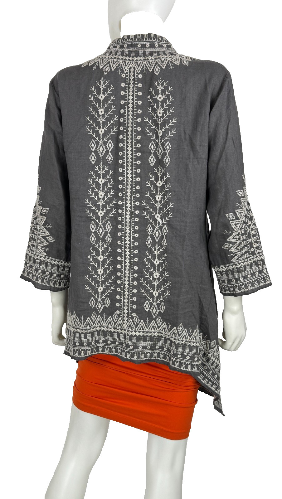 Johnny Was Gray 100% Linen Kimono Cardigan Top 8 10 US 44 46 IT M Embroidered