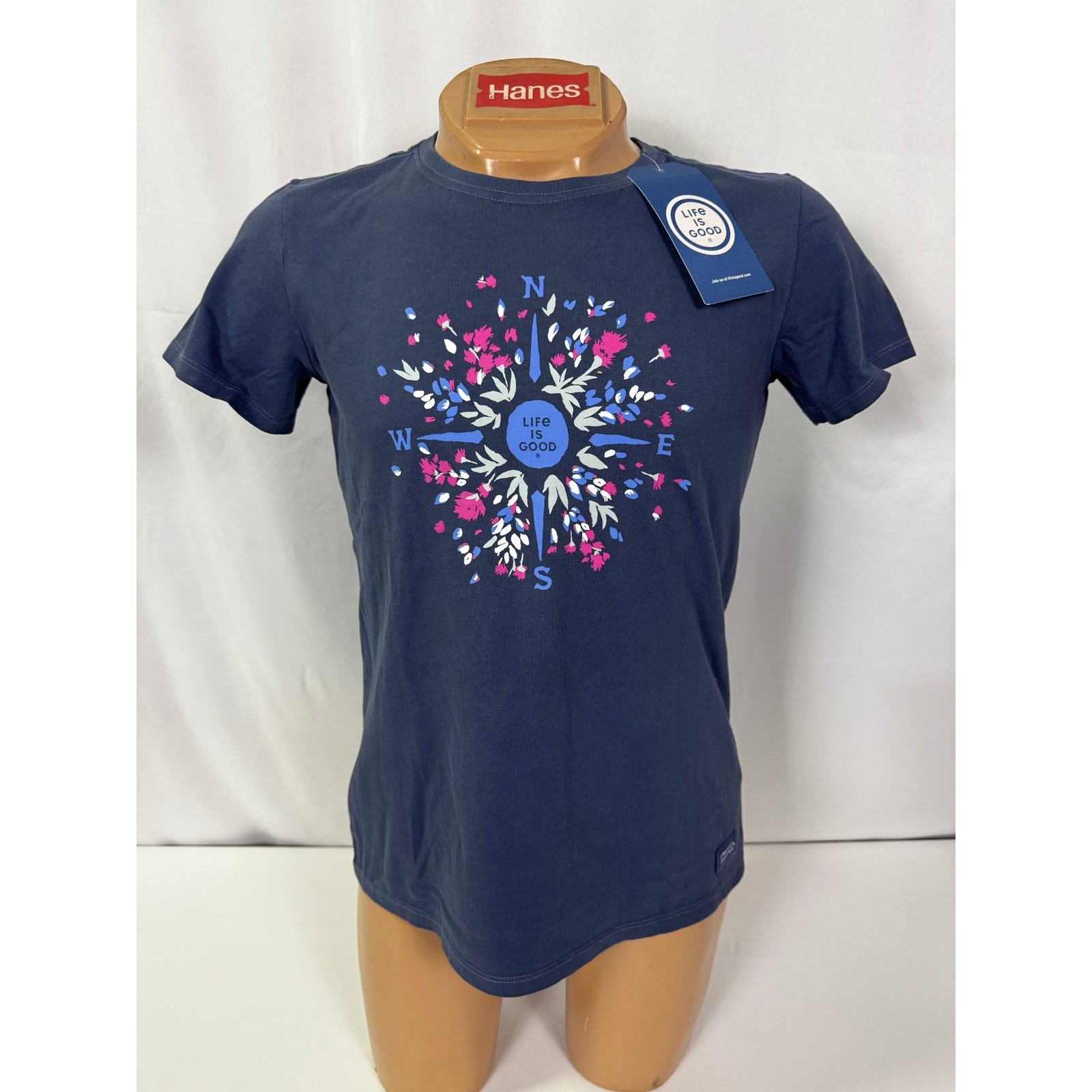 Life is Good Womens Crusher T-Shirt Graphic Tee Compass Floral Blue Medium