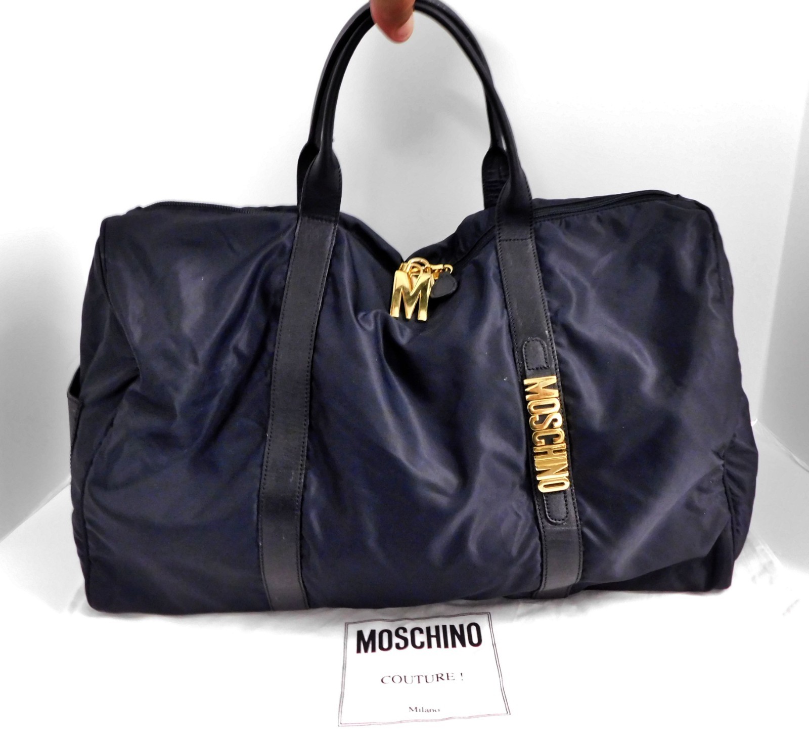 Moschino Redwall Italy Black Nylon Leather Block Leather Duffle Tote Bag