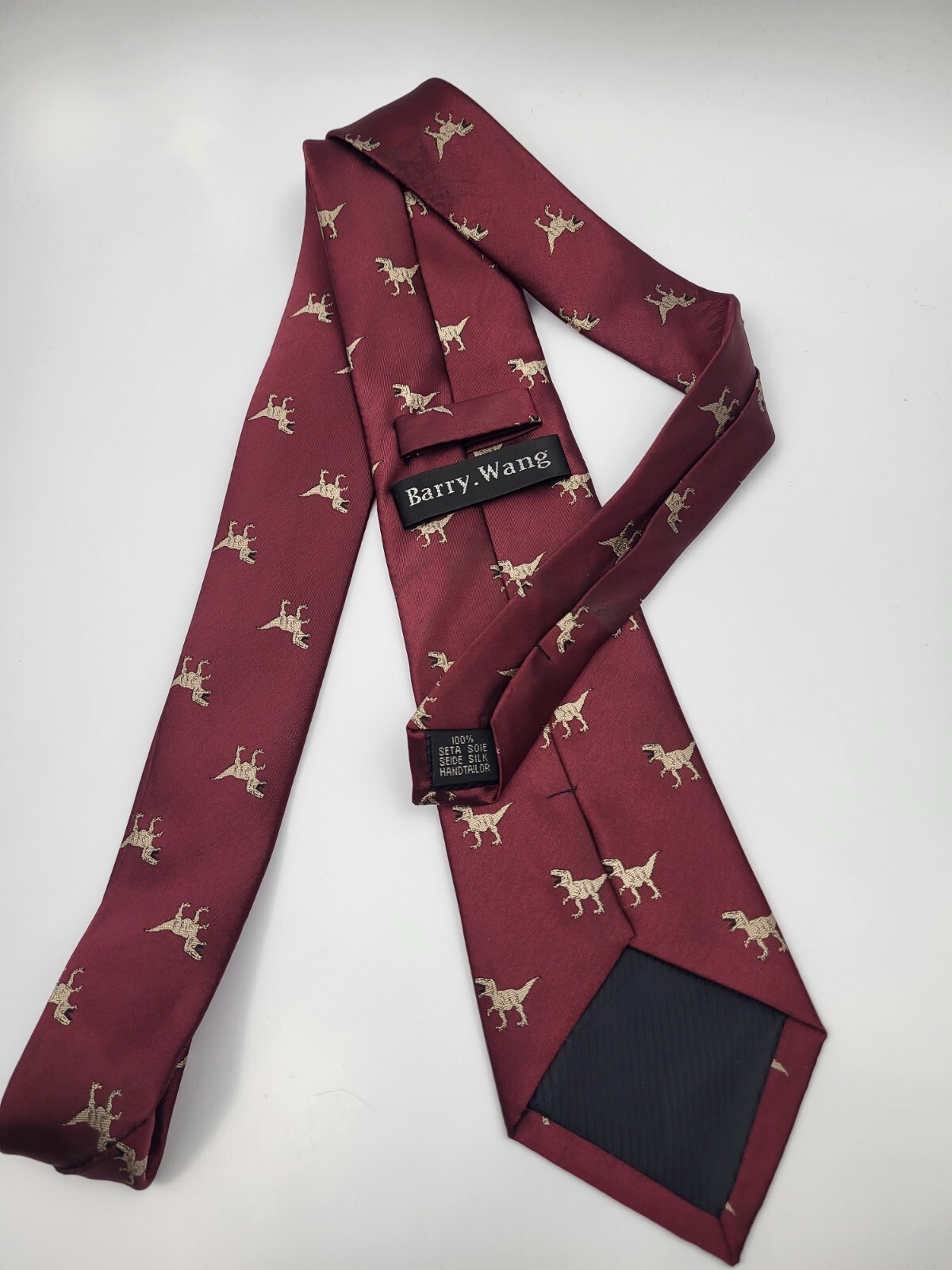 Barry Wang Silk Tie Red Gold Geometric Dinosaurs Men Necktie Italy 60 x 3.25