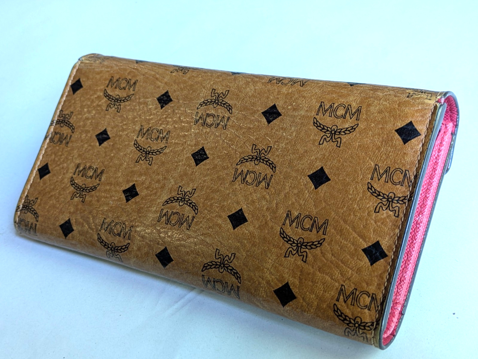 MCM Visetos Flap Long Wallet Cognac Brown Pink Bifold Authentic W7.5in H3.5in