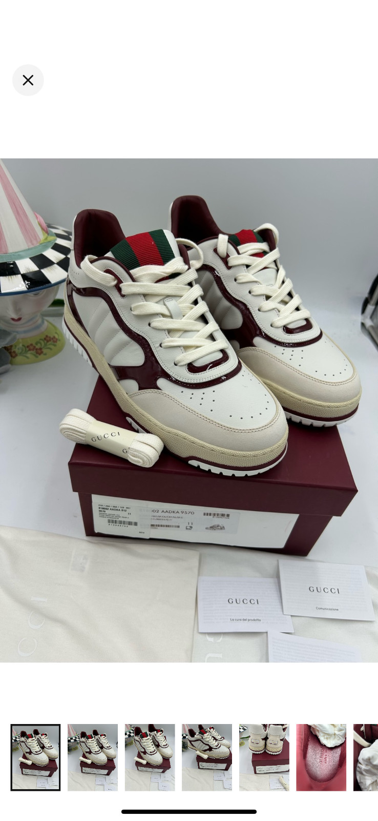 Men’s Gucci re-web sneakers in white leather and patent trim size 11 fits 12 US