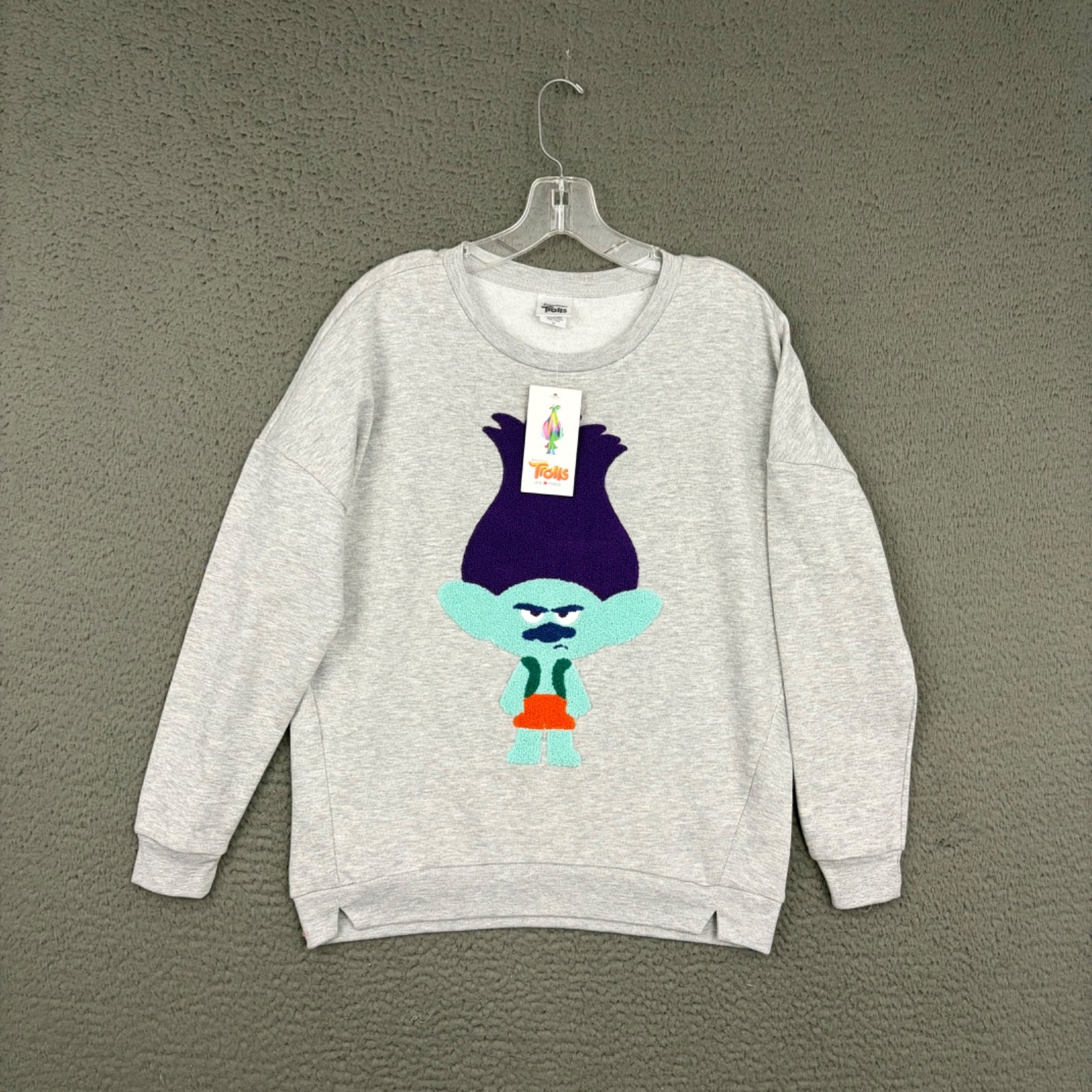Dreamworks Trolls Sweatshirt Womens Medium Gray Knit Cartoon Cute Pullover Movie
