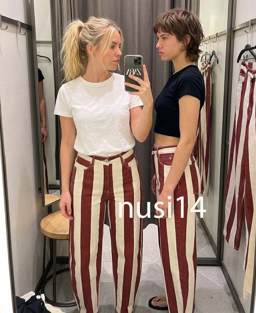 ZARA NEW WOMAN ZW HIGH WAIST STRIPED TAPERED JEANS PANT RED WHITE 6840/291/104