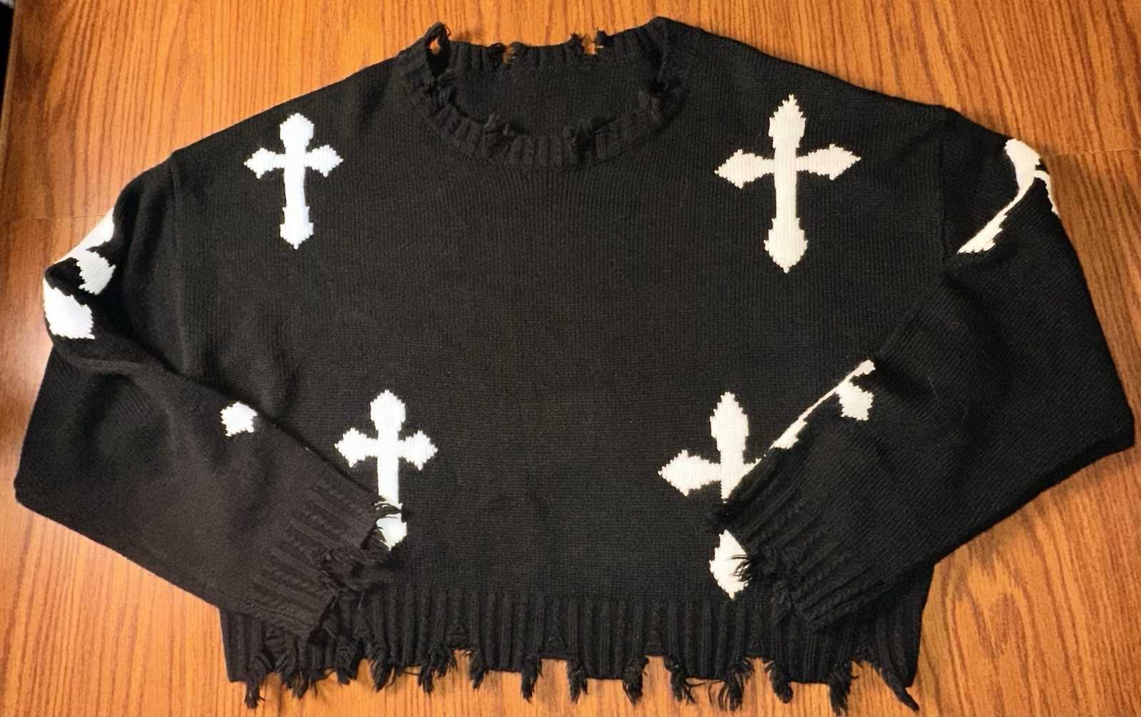 Distressed Fringe Womens Black Cross Knit Sweater Sz M Grunge WhimsiGoth Oversiz