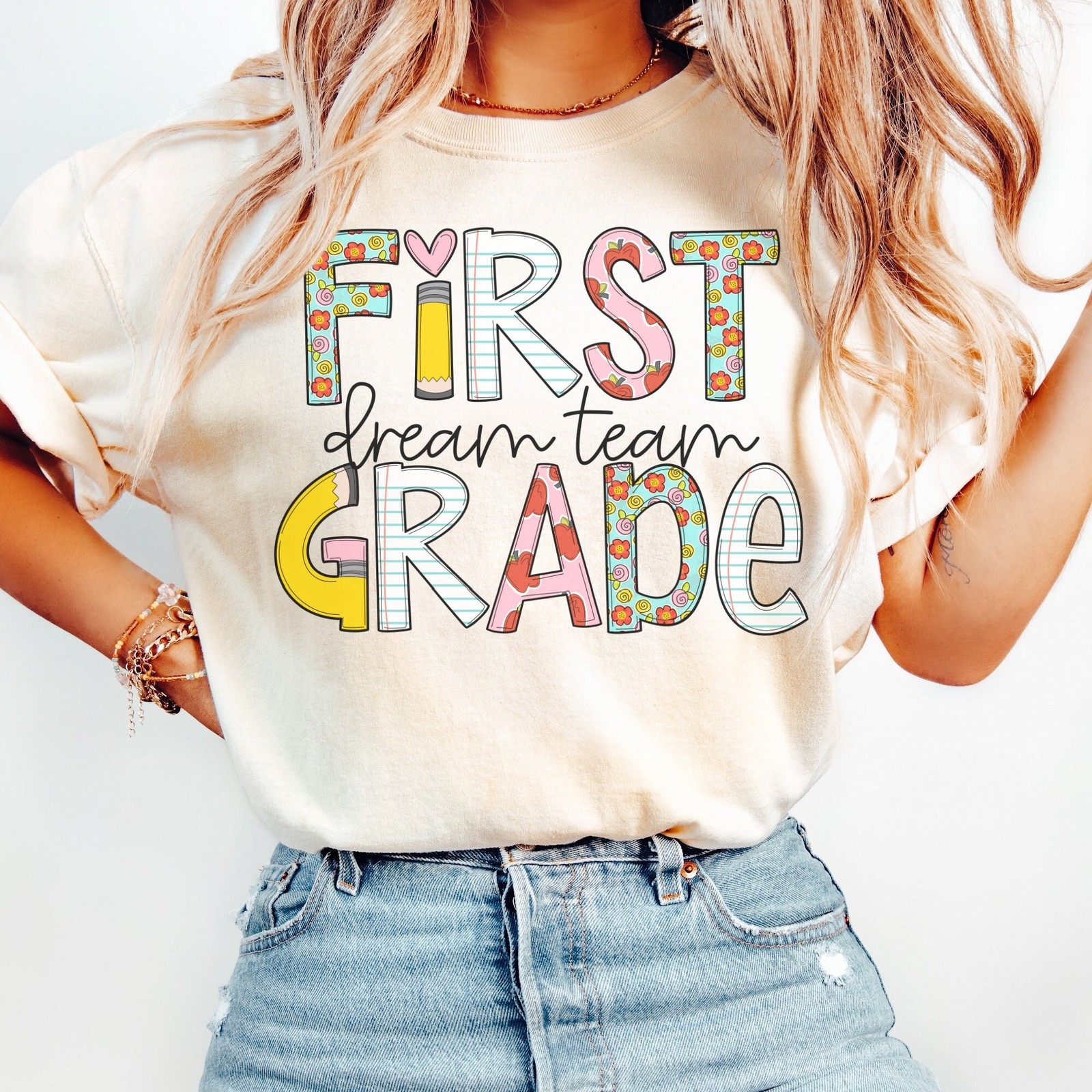 First Grade Teacher Team Shirt Retro Back to School 1st Grade Crew Tee