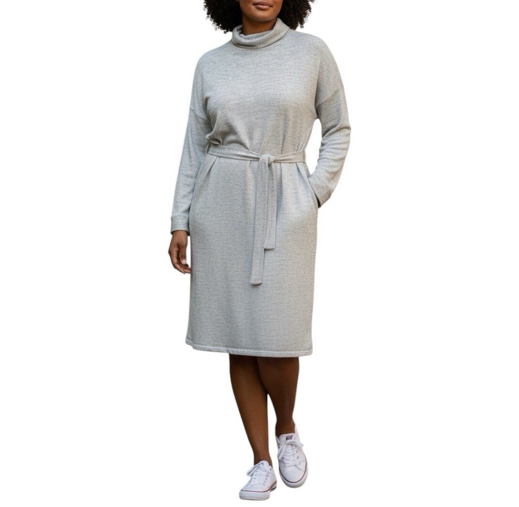 NEW ASOS Curve Gray Solid Knit Cowl Neck Belted Sweater Dress Long Sleeve US 16