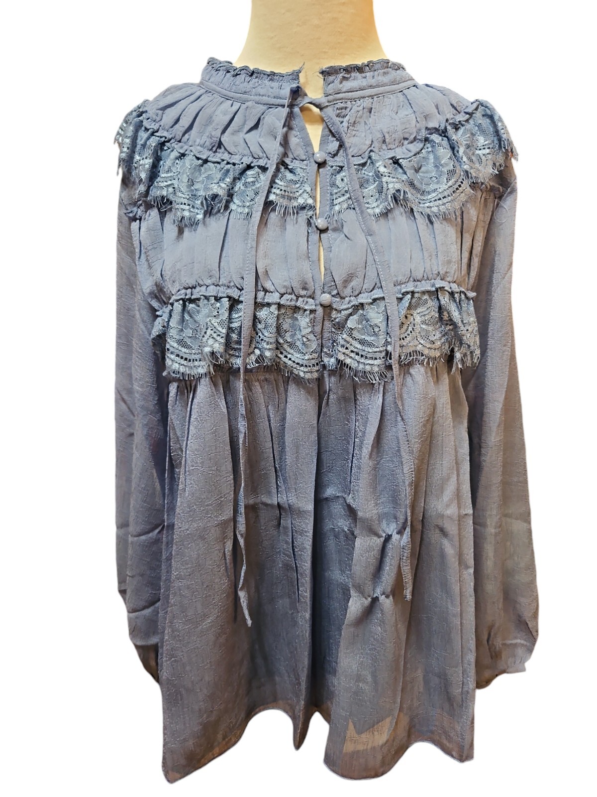 Pretty Angel Blouse Womens Large Blue Sheer Long Sleeve Lagenlook Pullover New